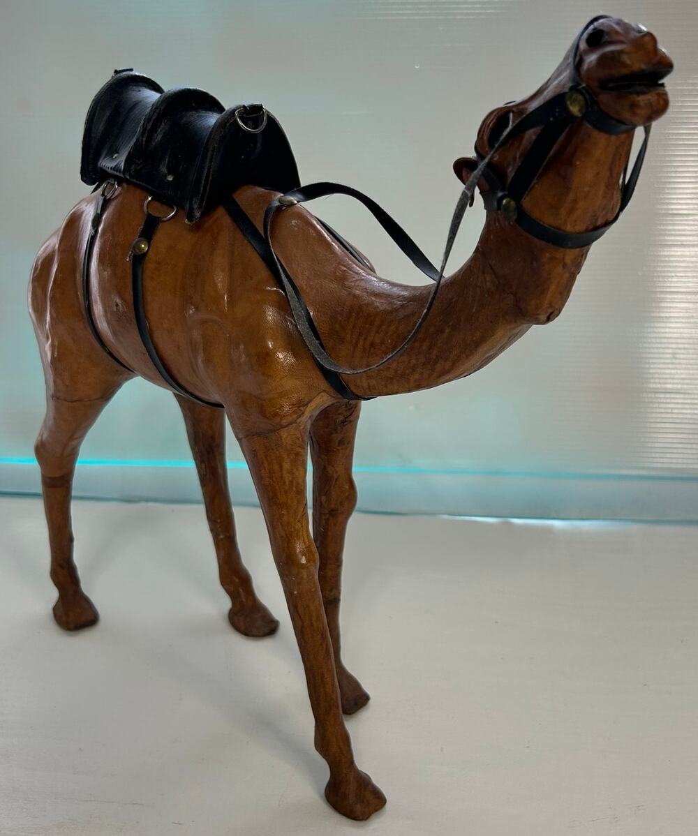 Vintage Hand-Carved Dromedary Camel Figurine Leather Saddle